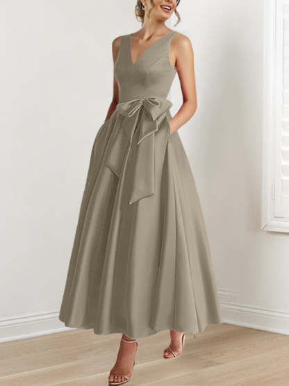 V-Neck Sleeveless A-Line Princess Ankle-Length Mother of the Bride Dress with Ruffles & Pockets-BMbridal