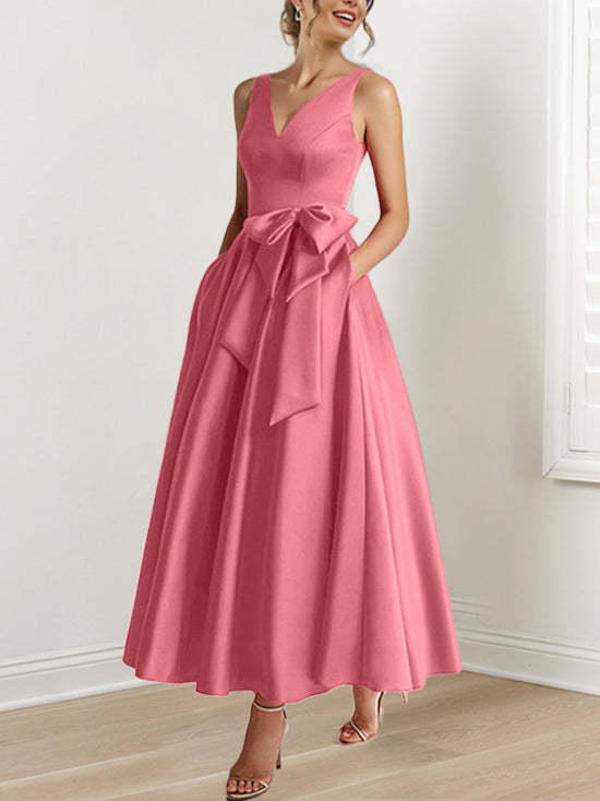 V-Neck Sleeveless A-Line Princess Ankle-Length Mother of the Bride Dress with Ruffles & Pockets-BMbridal