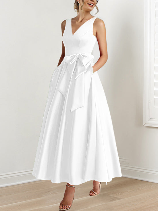 V-Neck Sleeveless A-Line Princess Ankle-Length Mother of the Bride Dress with Ruffles & Pockets-BMbridal