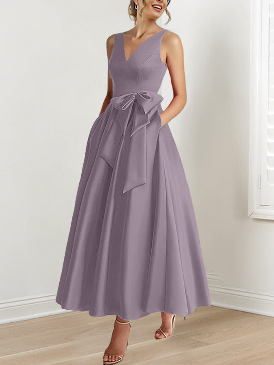 V-Neck Sleeveless A-Line Princess Ankle-Length Mother of the Bride Dress with Ruffles & Pockets-BMbridal