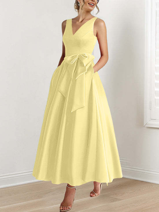 V-Neck Sleeveless A-Line Princess Ankle-Length Mother of the Bride Dress with Ruffles & Pockets-BMbridal