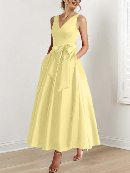 V-Neck Sleeveless A-Line Princess Ankle-Length Mother of the Bride Dress with Ruffles & Pockets-BMbridal