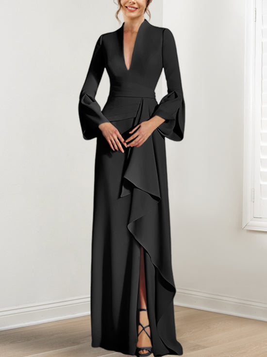 V-Neck Floor-Length Mother of the Bride Dress With Side Split and Long Sleeves-BMbridal