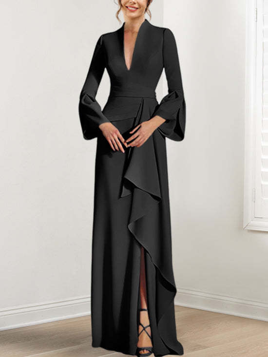 V-Neck Floor-Length Mother of the Bride Dress With Side Split and Long Sleeves-BMbridal