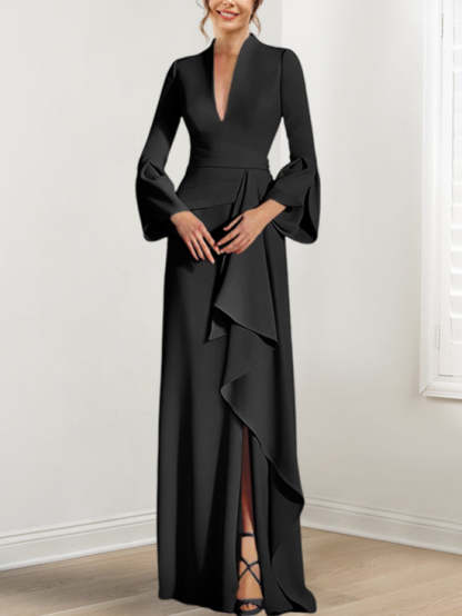 V-Neck Floor-Length Mother of the Bride Dress With Side Split and Long Sleeves-BMbridal