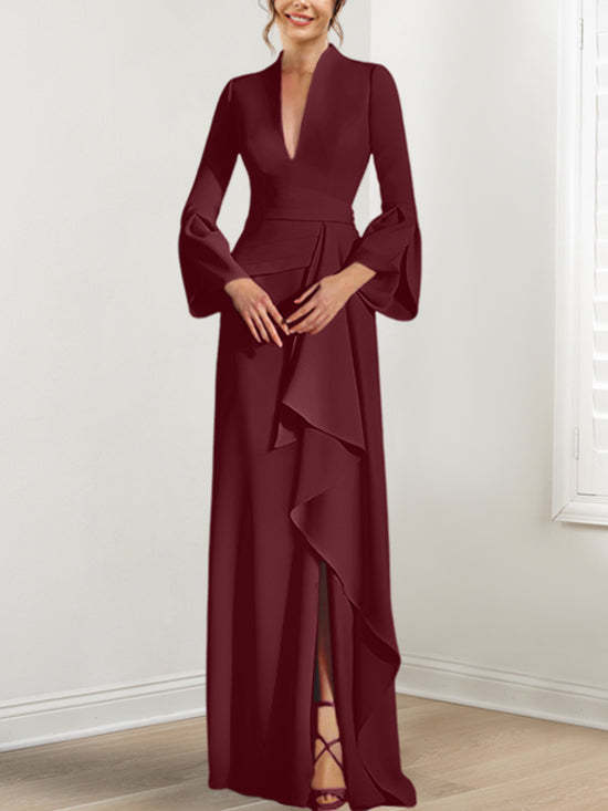 V-Neck Floor-Length Mother of the Bride Dress With Side Split and Long Sleeves-BMbridal