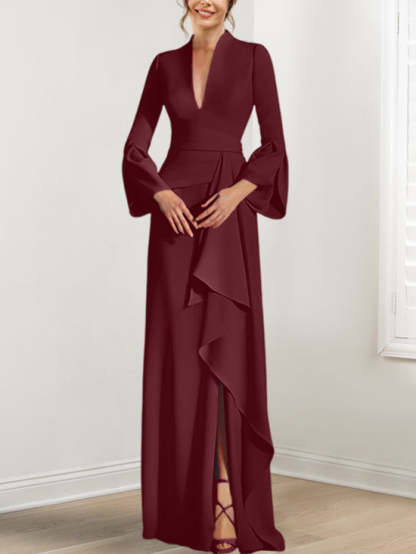 V-Neck Floor-Length Mother of the Bride Dress With Side Split and Long Sleeves-BMbridal