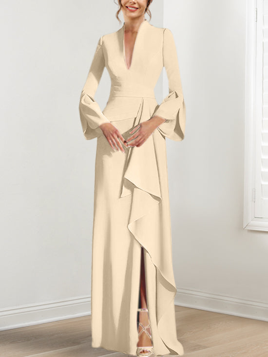 V-Neck Floor-Length Mother of the Bride Dress With Side Split and Long Sleeves-BMbridal