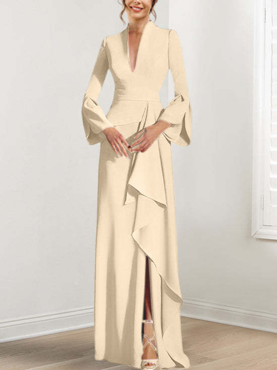 V-Neck Floor-Length Mother of the Bride Dress With Side Split and Long Sleeves-BMbridal
