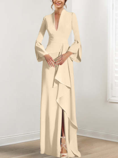 V-Neck Floor-Length Mother of the Bride Dress With Side Split and Long Sleeves-BMbridal