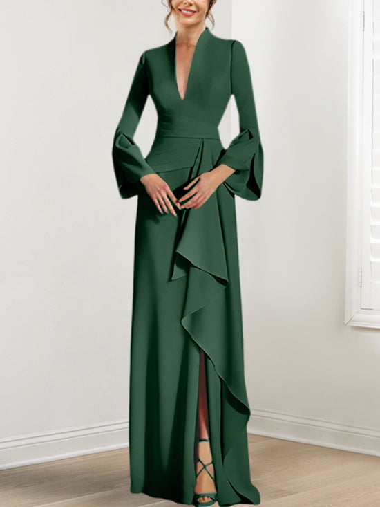 V-Neck Floor-Length Mother of the Bride Dress With Side Split and Long Sleeves-BMbridal