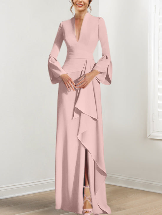 V-Neck Floor-Length Mother of the Bride Dress With Side Split and Long Sleeves-BMbridal
