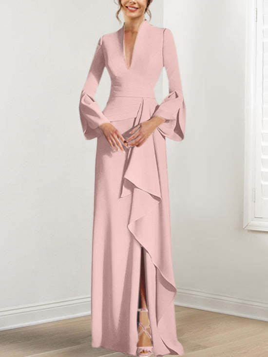 V-Neck Floor-Length Mother of the Bride Dress With Side Split and Long Sleeves-BMbridal