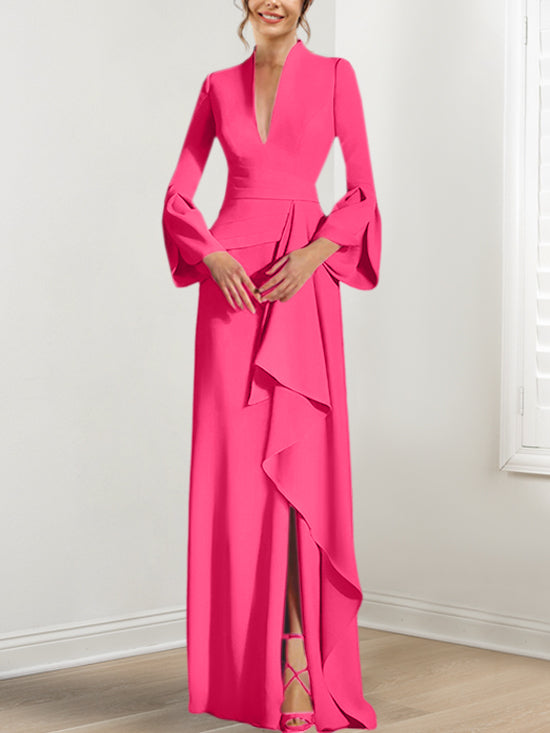 V-Neck Floor-Length Mother of the Bride Dress With Side Split and Long Sleeves-BMbridal