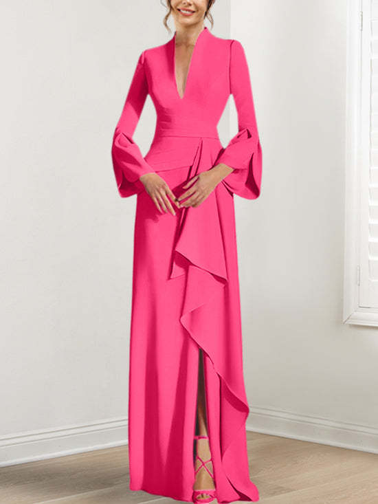 V-Neck Floor-Length Mother of the Bride Dress With Side Split and Long Sleeves-BMbridal