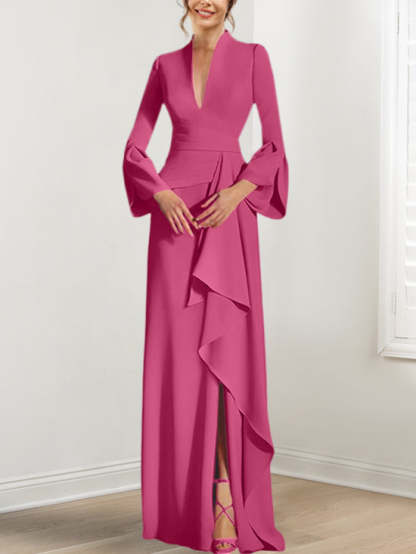 V-Neck Floor-Length Mother of the Bride Dress With Side Split and Long Sleeves-BMbridal