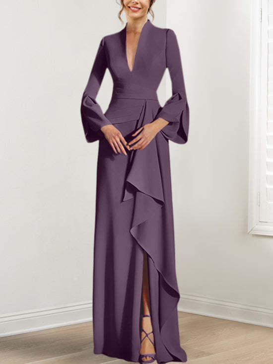 V-Neck Floor-Length Mother of the Bride Dress With Side Split and Long Sleeves-BMbridal