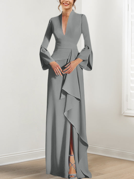 V-Neck Floor-Length Mother of the Bride Dress With Side Split and Long Sleeves-BMbridal