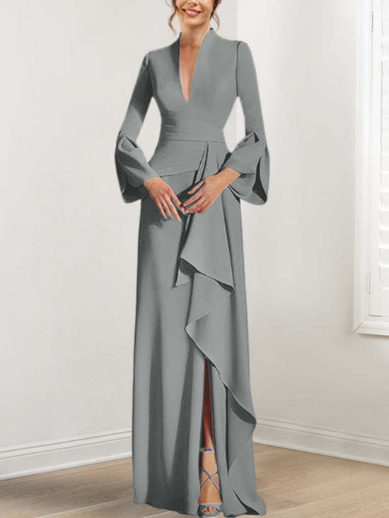 V-Neck Floor-Length Mother of the Bride Dress With Side Split and Long Sleeves-BMbridal