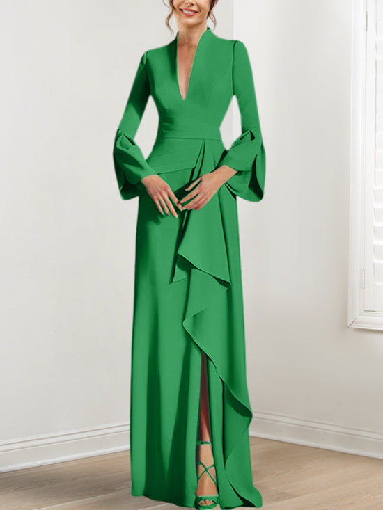 V-Neck Floor-Length Mother of the Bride Dress With Side Split and Long Sleeves-BMbridal