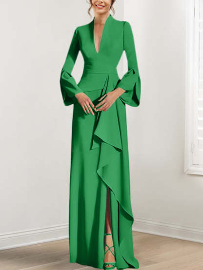 V-Neck Floor-Length Mother of the Bride Dress With Side Split and Long Sleeves-BMbridal