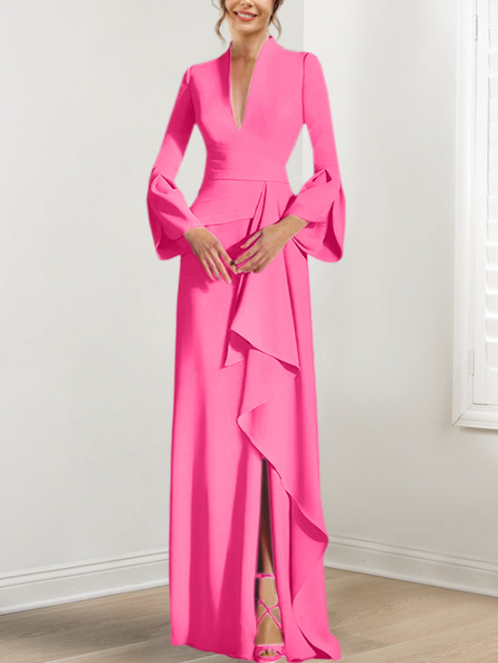V-Neck Floor-Length Mother of the Bride Dress With Side Split and Long Sleeves-BMbridal