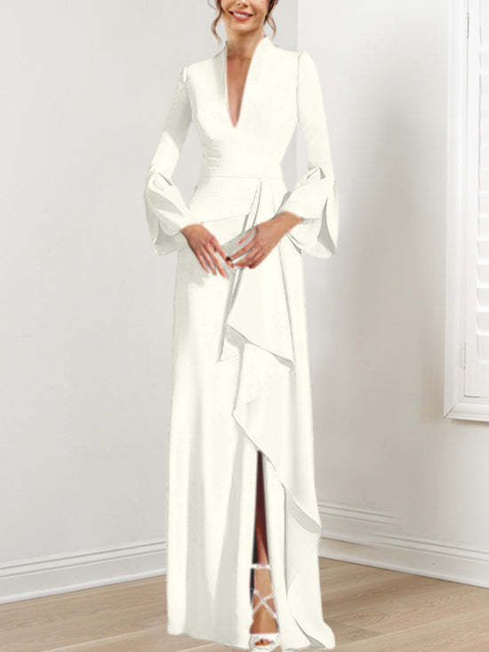 V-Neck Floor-Length Mother of the Bride Dress With Side Split and Long Sleeves-BMbridal