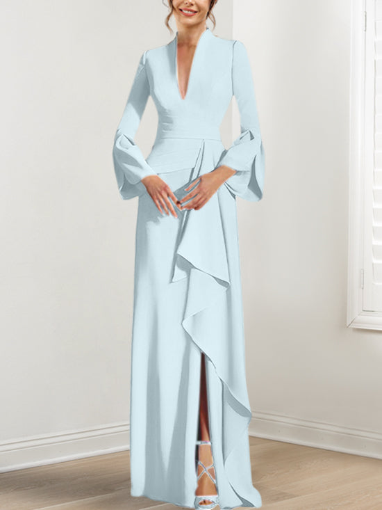 V-Neck Floor-Length Mother of the Bride Dress With Side Split and Long Sleeves-BMbridal