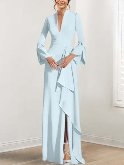 V-Neck Floor-Length Mother of the Bride Dress With Side Split and Long Sleeves-BMbridal