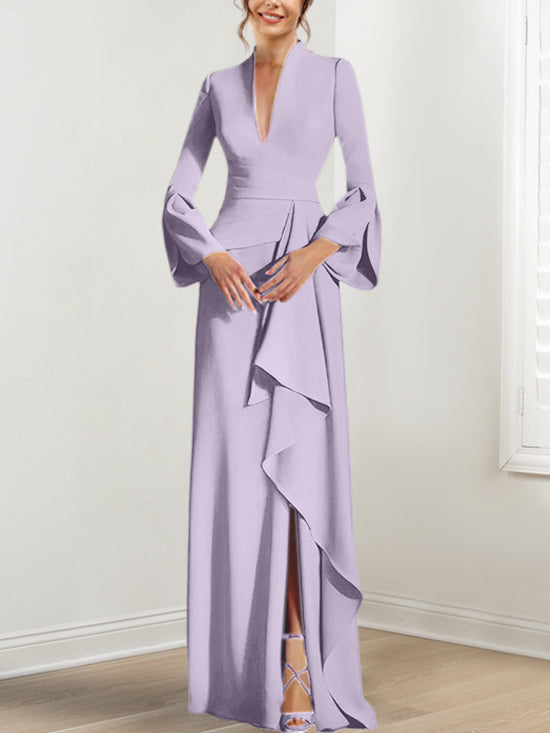 V-Neck Floor-Length Mother of the Bride Dress With Side Split and Long Sleeves-BMbridal