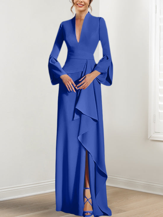 V-Neck Floor-Length Mother of the Bride Dress With Side Split and Long Sleeves-BMbridal