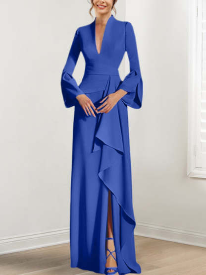 V-Neck Floor-Length Mother of the Bride Dress With Side Split and Long Sleeves-BMbridal
