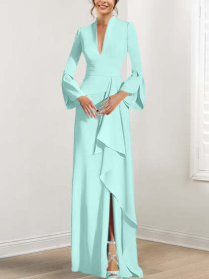 V-Neck Floor-Length Mother of the Bride Dress With Side Split and Long Sleeves-BMbridal