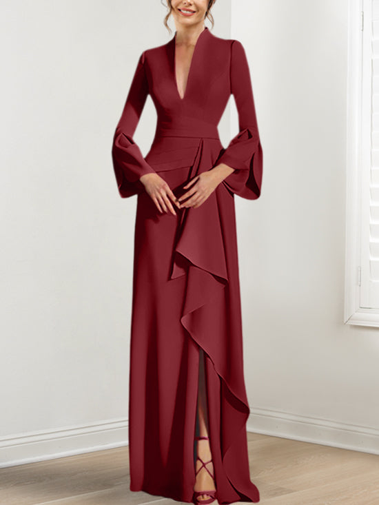 V-Neck Floor-Length Mother of the Bride Dress With Side Split and Long Sleeves-BMbridal