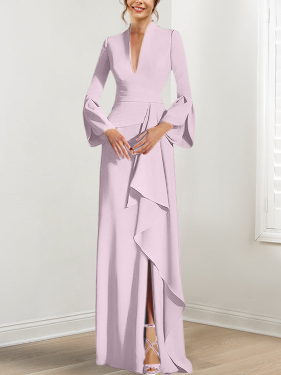 V-Neck Floor-Length Mother of the Bride Dress With Side Split and Long Sleeves-BMbridal