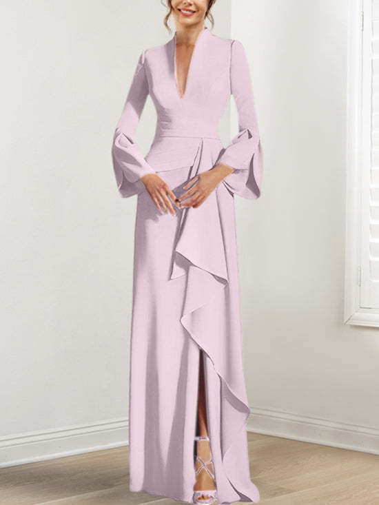 V-Neck Floor-Length Mother of the Bride Dress With Side Split and Long Sleeves-BMbridal