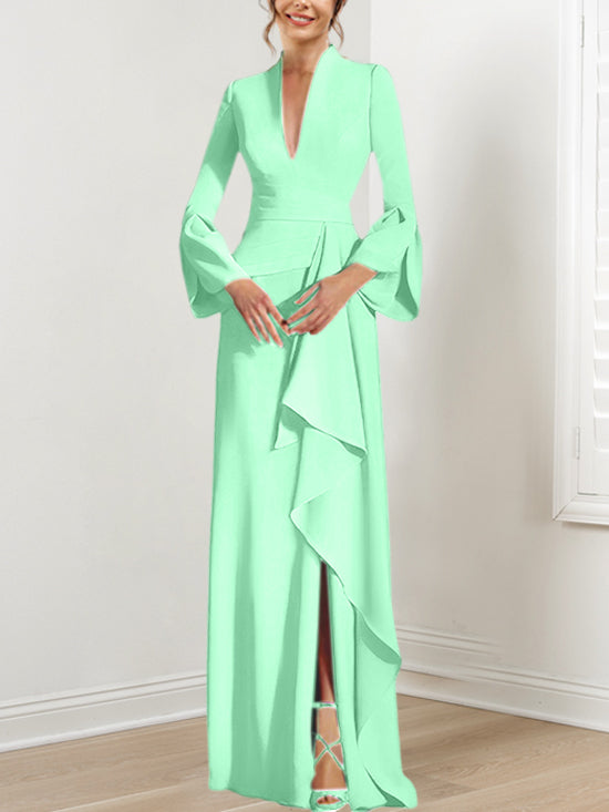 V-Neck Floor-Length Mother of the Bride Dress With Side Split and Long Sleeves-BMbridal