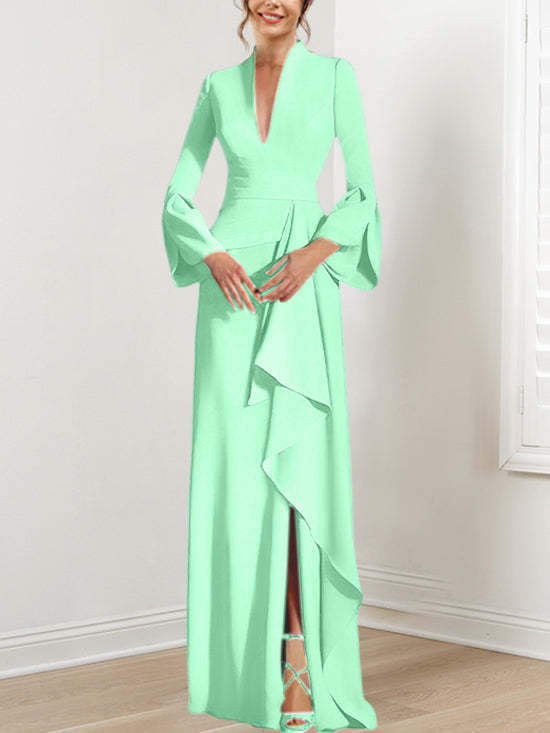 V-Neck Floor-Length Mother of the Bride Dress With Side Split and Long Sleeves-BMbridal