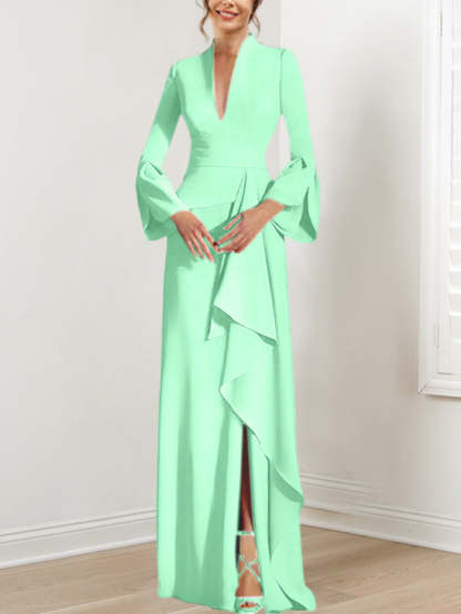 V-Neck Floor-Length Mother of the Bride Dress With Side Split and Long Sleeves-BMbridal