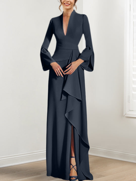 V-Neck Floor-Length Mother of the Bride Dress With Side Split and Long Sleeves-BMbridal