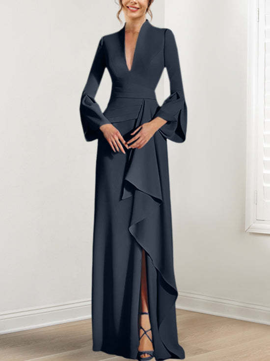 V-Neck Floor-Length Mother of the Bride Dress With Side Split and Long Sleeves-BMbridal