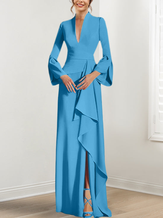 V-Neck Floor-Length Mother of the Bride Dress With Side Split and Long Sleeves-BMbridal