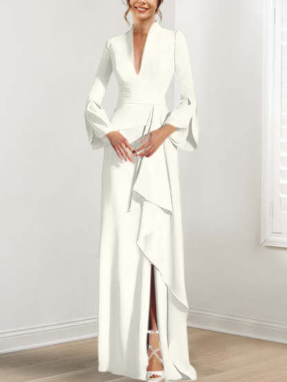 V-Neck Floor-Length Mother of the Bride Dress With Side Split and Long Sleeves-BMbridal