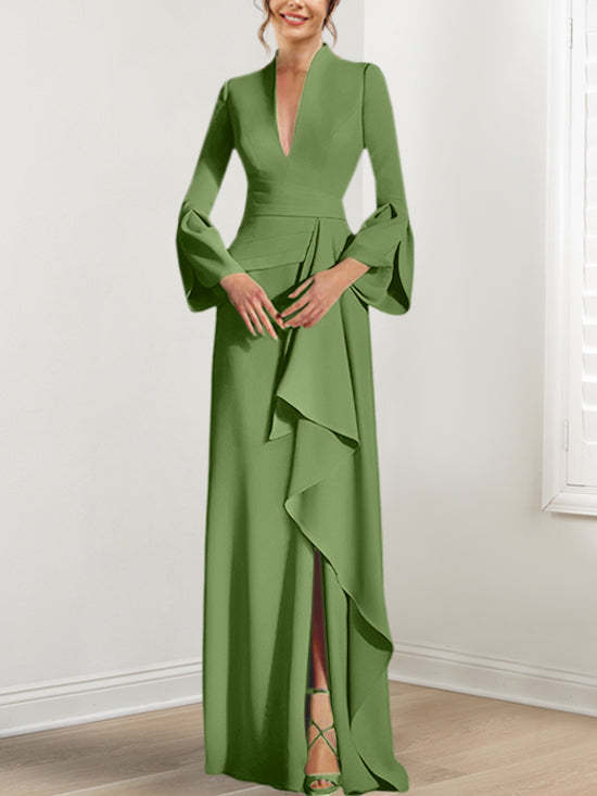 V-Neck Floor-Length Mother of the Bride Dress With Side Split and Long Sleeves-BMbridal