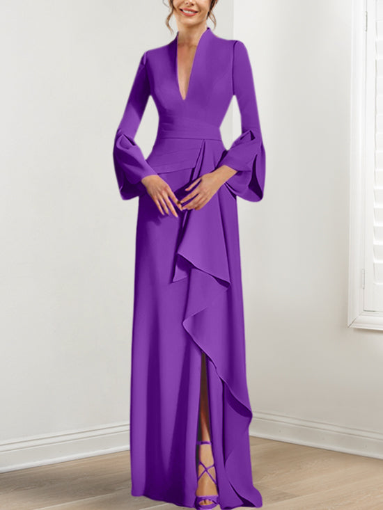 V-Neck Floor-Length Mother of the Bride Dress With Side Split and Long Sleeves-BMbridal