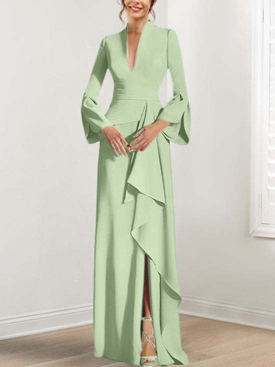 V-Neck Floor-Length Mother of the Bride Dress With Side Split and Long Sleeves-BMbridal