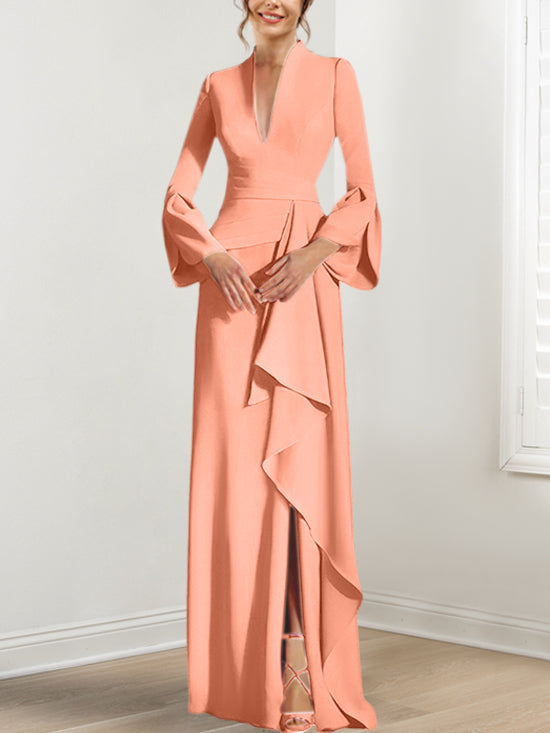 V-Neck Floor-Length Mother of the Bride Dress With Side Split and Long Sleeves-BMbridal
