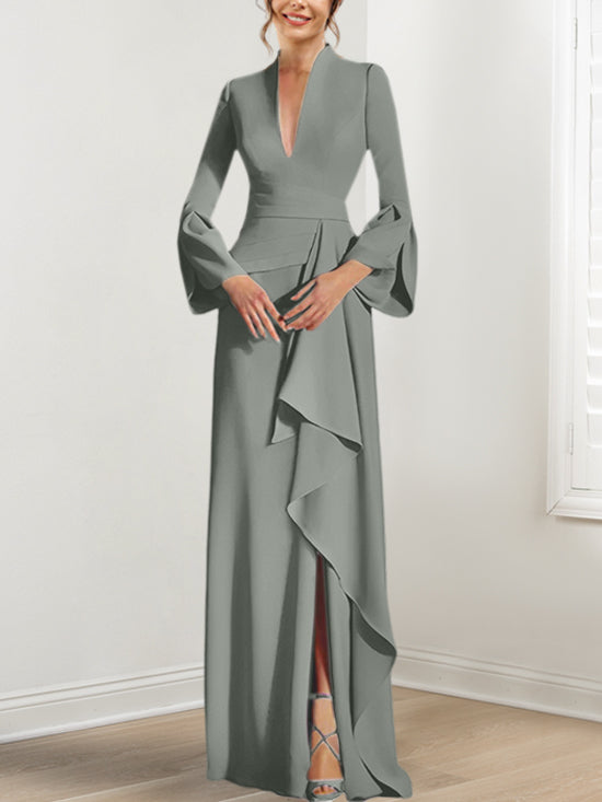 V-Neck Floor-Length Mother of the Bride Dress With Side Split and Long Sleeves-BMbridal