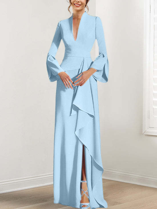 V-Neck Floor-Length Mother of the Bride Dress With Side Split and Long Sleeves-BMbridal
