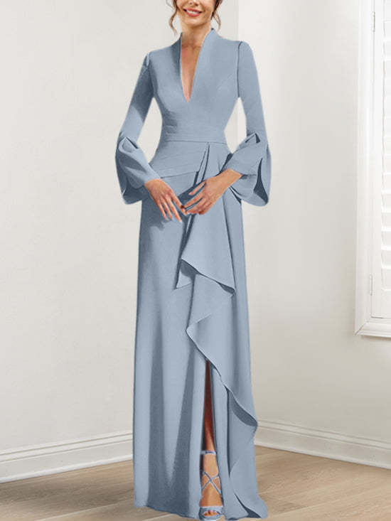 V-Neck Floor-Length Mother of the Bride Dress With Side Split and Long Sleeves-BMbridal